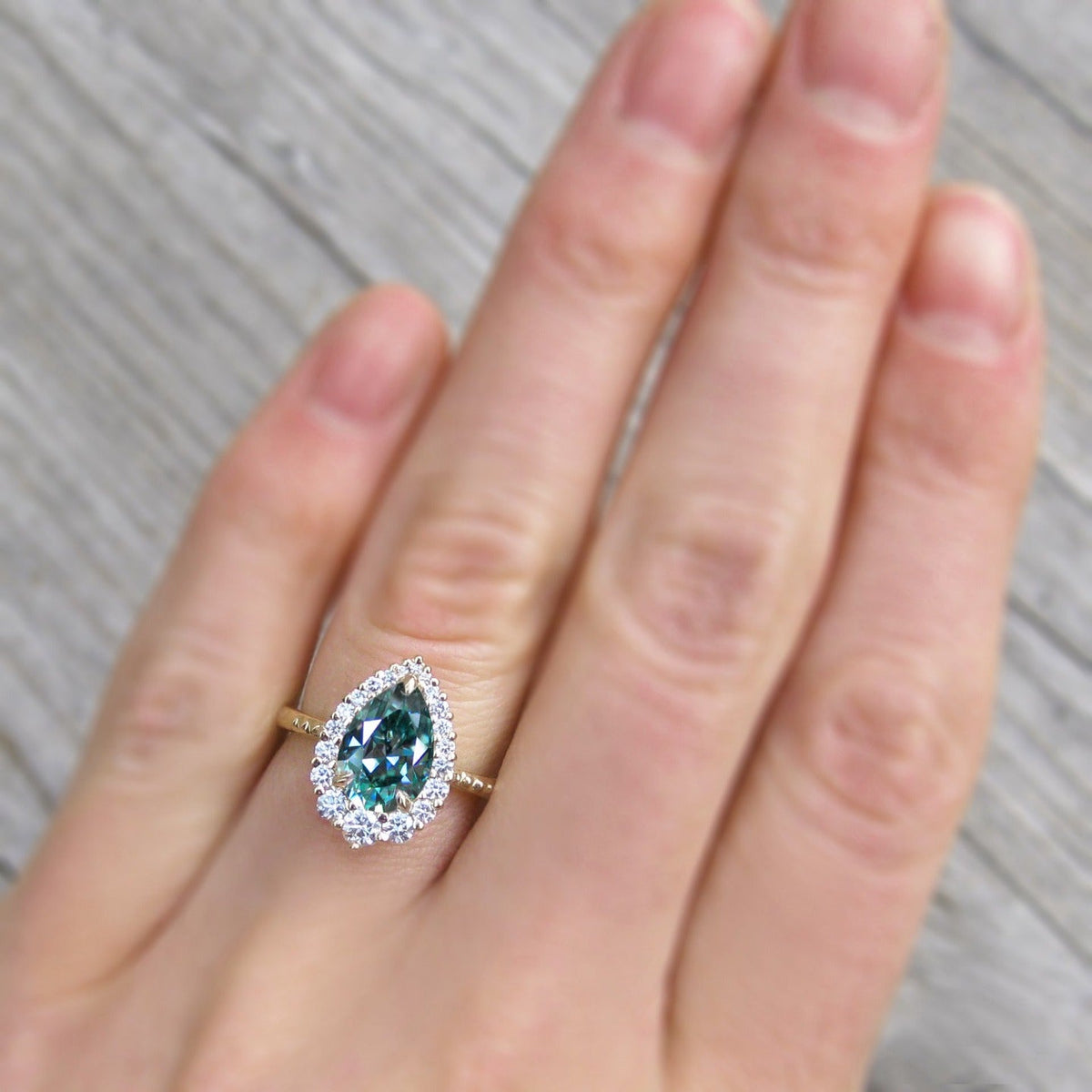 ・CELESTE・Pear Aqua-Teal Iconic™ Moissanite Center, Diamond Halo (1.83ctw+)