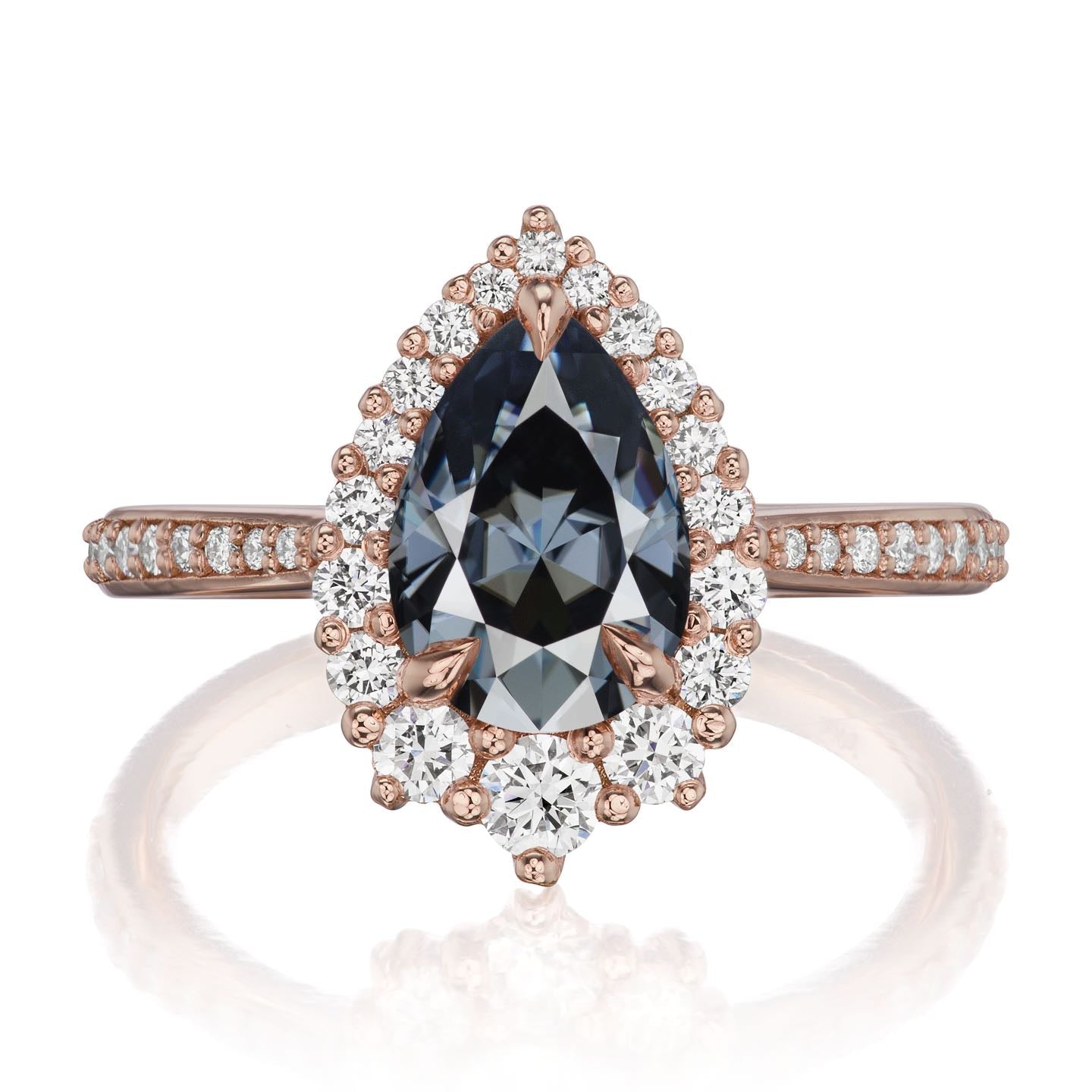・CELESTE・Pear Iconic™ Dark Grey Moissanite Center, Diamond Halo (1.83ctw+)