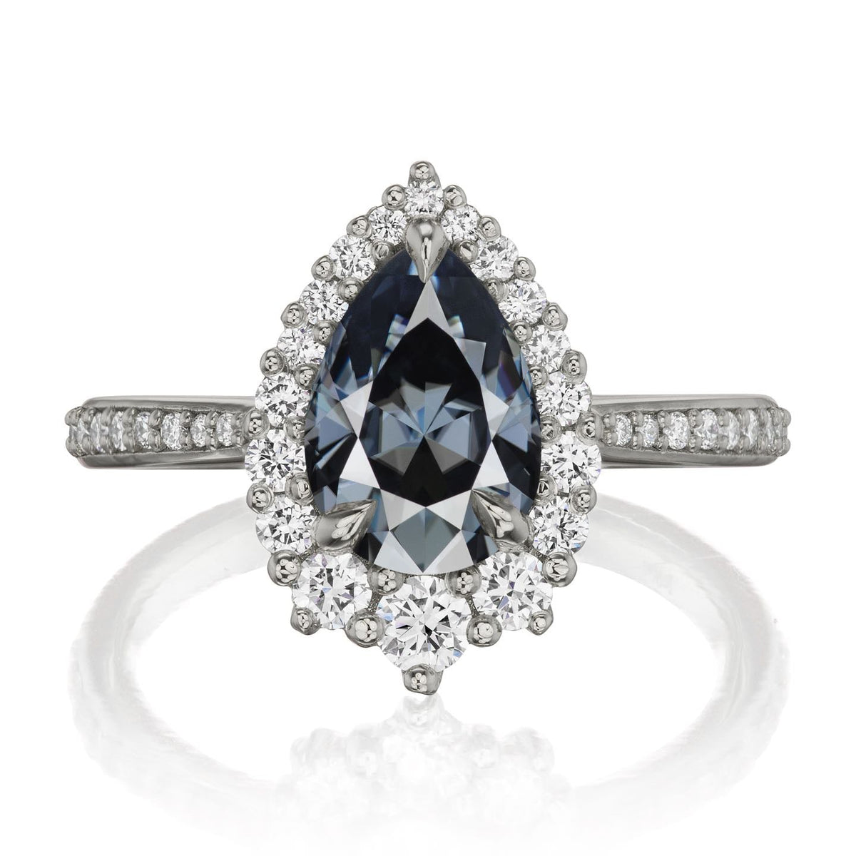 ・CELESTE・Pear Iconic™ Dark Grey Moissanite Center, Diamond Halo (1.83ctw+)