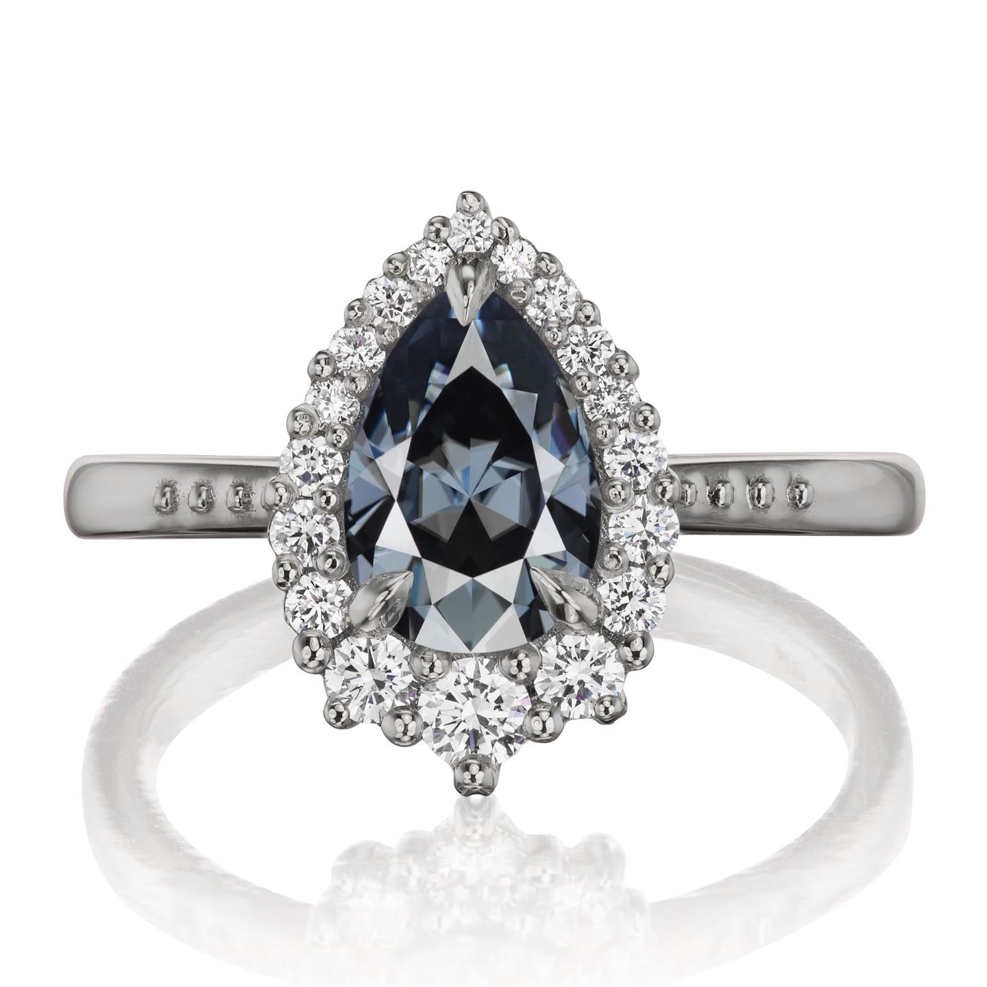 ・CELESTE・Pear Iconic™ Dark Grey Moissanite Center, Diamond Halo (1.83ctw+)