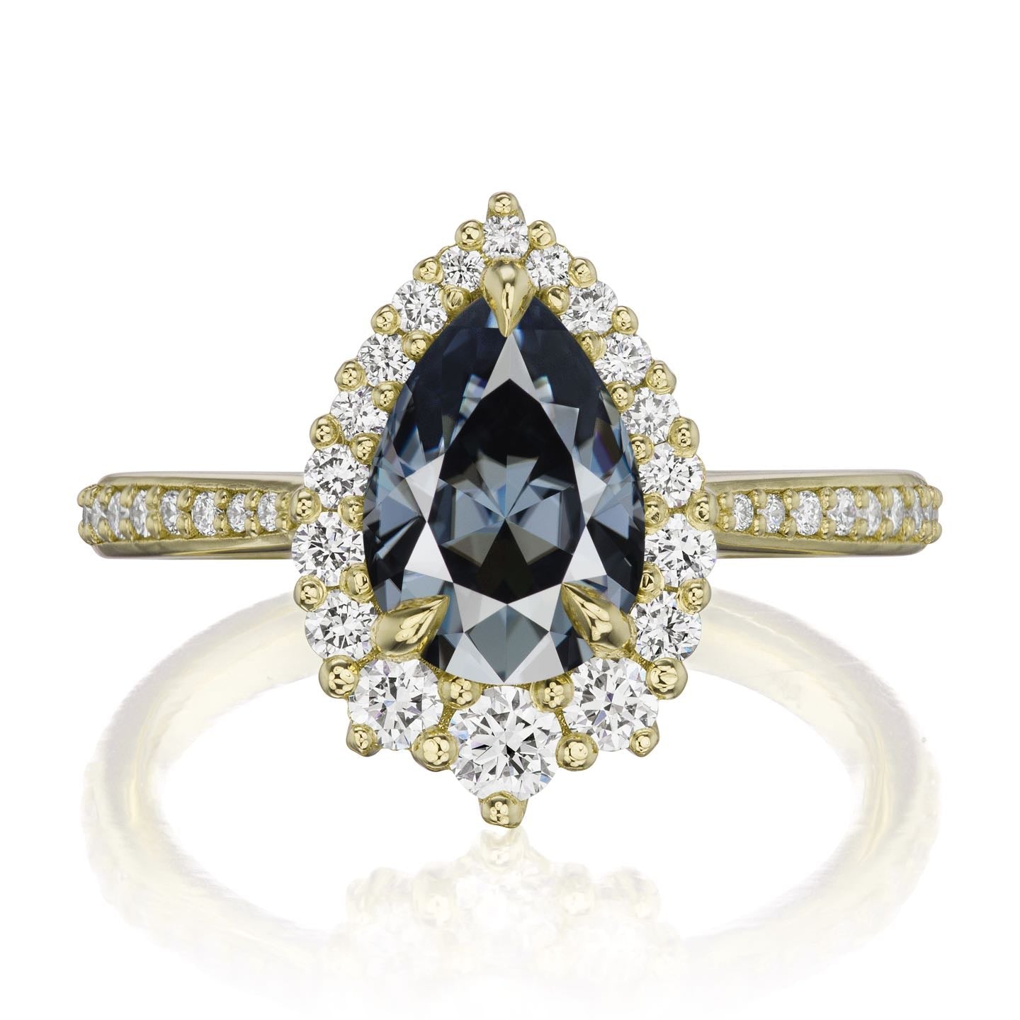 ・CELESTE・Pear Iconic™ Dark Grey Moissanite Center, Diamond Halo (1.83ctw+)