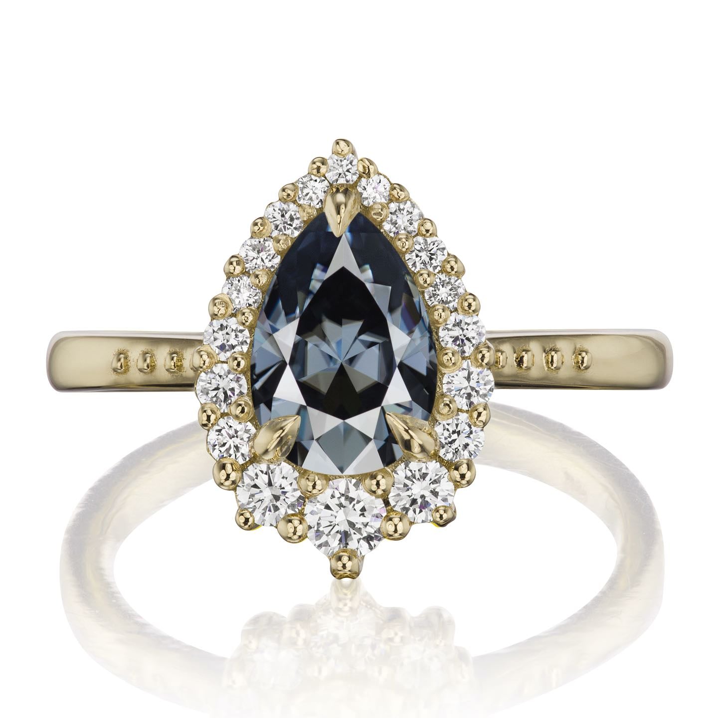 ・CELESTE・Pear Iconic™ Dark Grey Moissanite Center, Diamond Halo (1.83ctw+)