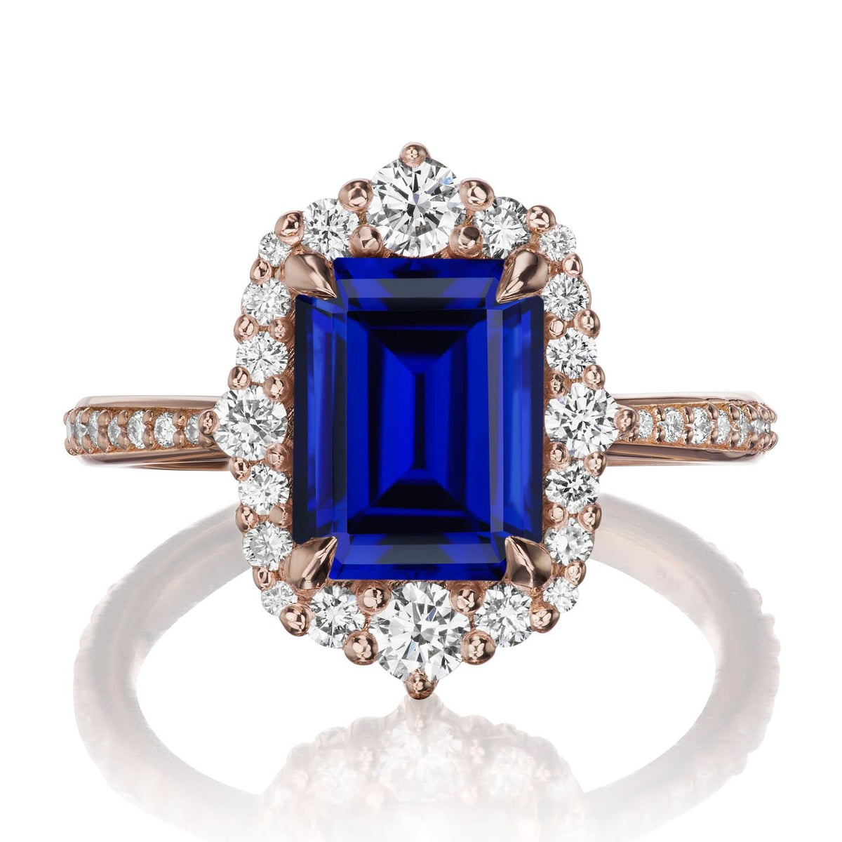 ・ADELINE・Emerald Cut Blue Sapphire Center, Diamond Halo (3.68ctw+)
