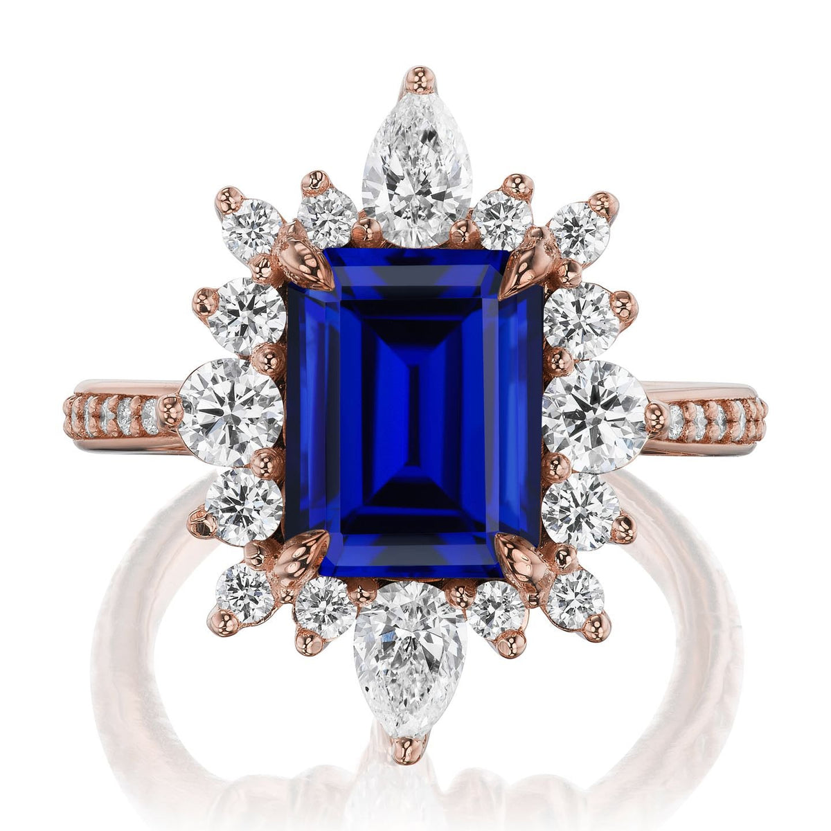 ・TALIA・Emerald Cut Blue Sapphire Center, Diamond Halo (4.05ctw+)