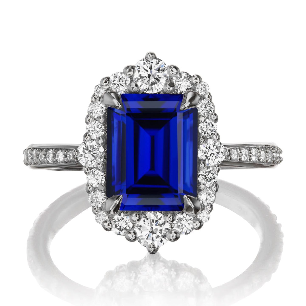 ・ADELINE・Emerald Cut Blue Sapphire Center, Diamond Halo (3.68ctw+)