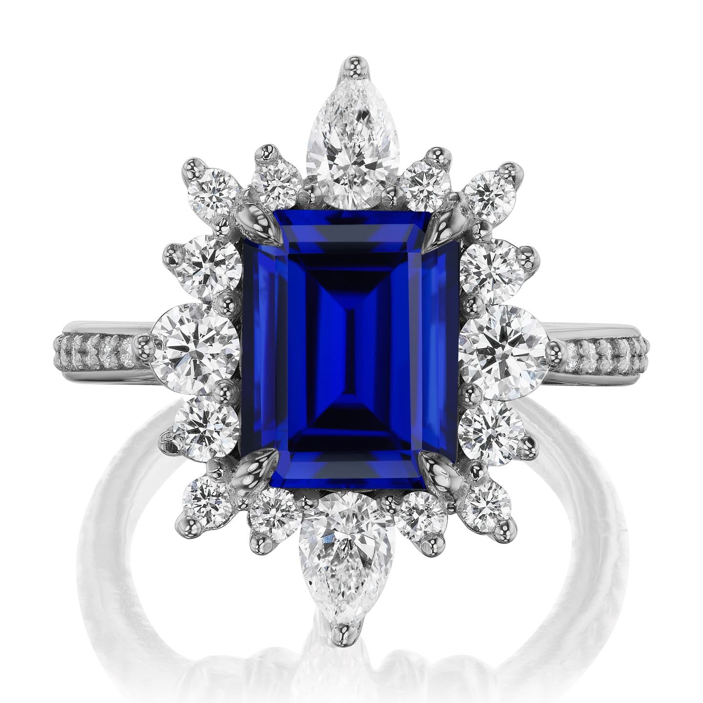 ・TALIA・Emerald Cut Blue Sapphire Center, Diamond Halo (4.05ctw+)