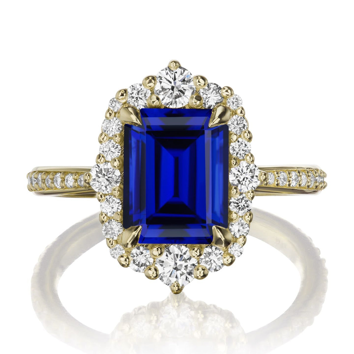 ・ADELINE・Emerald Cut Blue Sapphire Center, Diamond Halo (3.68ctw+)