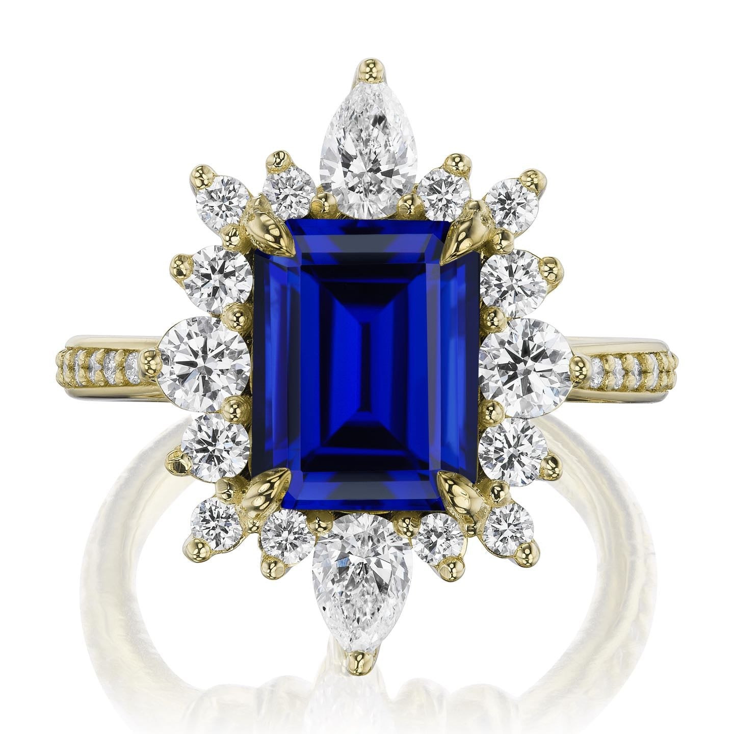 ・TALIA・Emerald Cut Blue Sapphire Center, Diamond Halo (4.05ctw+)