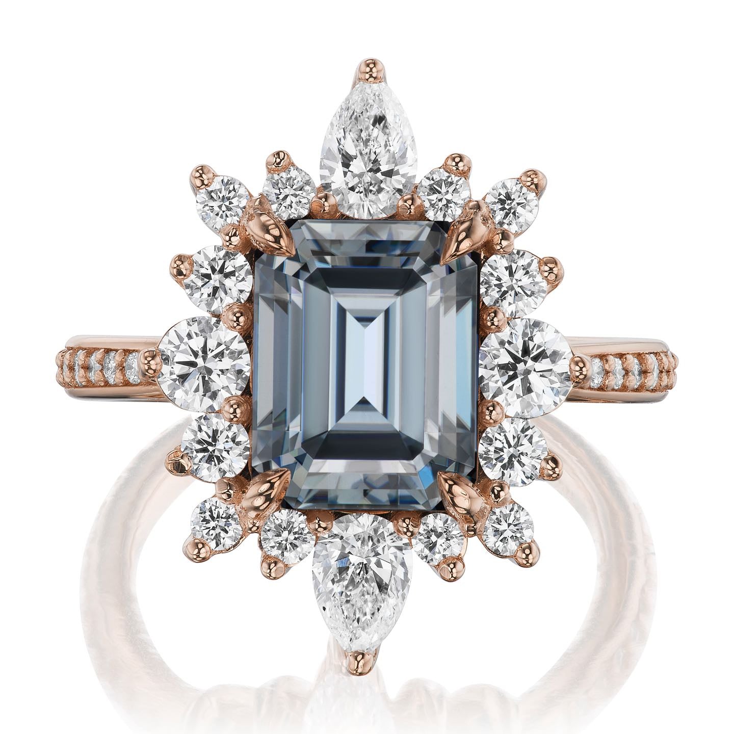 ・TALIA・Emerald Cut Iconic™ Grey Moissanite Center, Diamond Halo (3.35ctw+)
