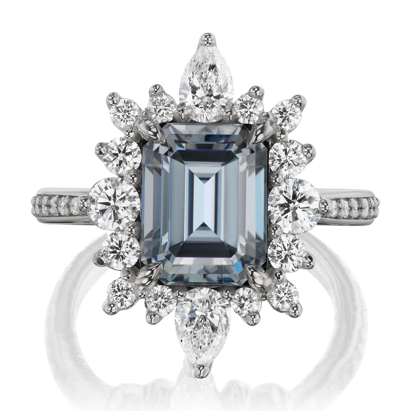 ・TALIA・Emerald Cut Iconic™ Grey Moissanite Center, Diamond Halo (3.35ctw+)