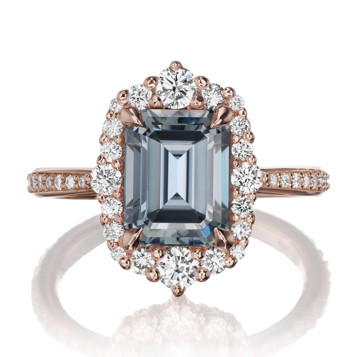・ADELINE・Emerald Cut Iconic™ Grey Moissanite Center, Diamond Halo (2.98ctw+)