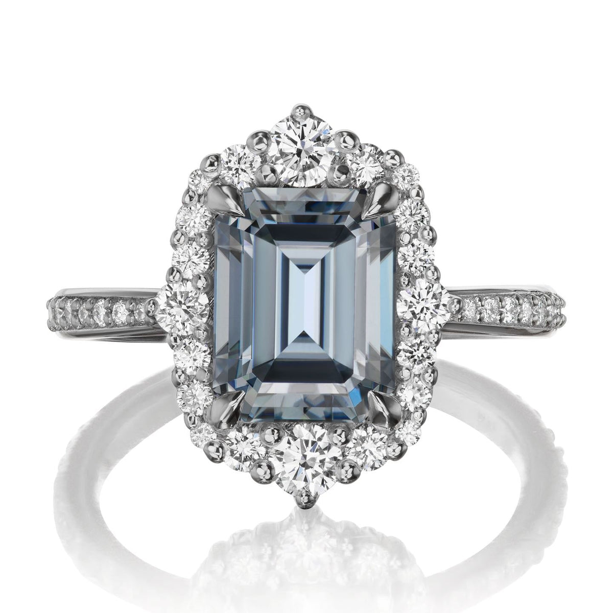 ・ADELINE・Emerald Cut Iconic™ Grey Moissanite Center, Diamond Halo (2.98ctw+)