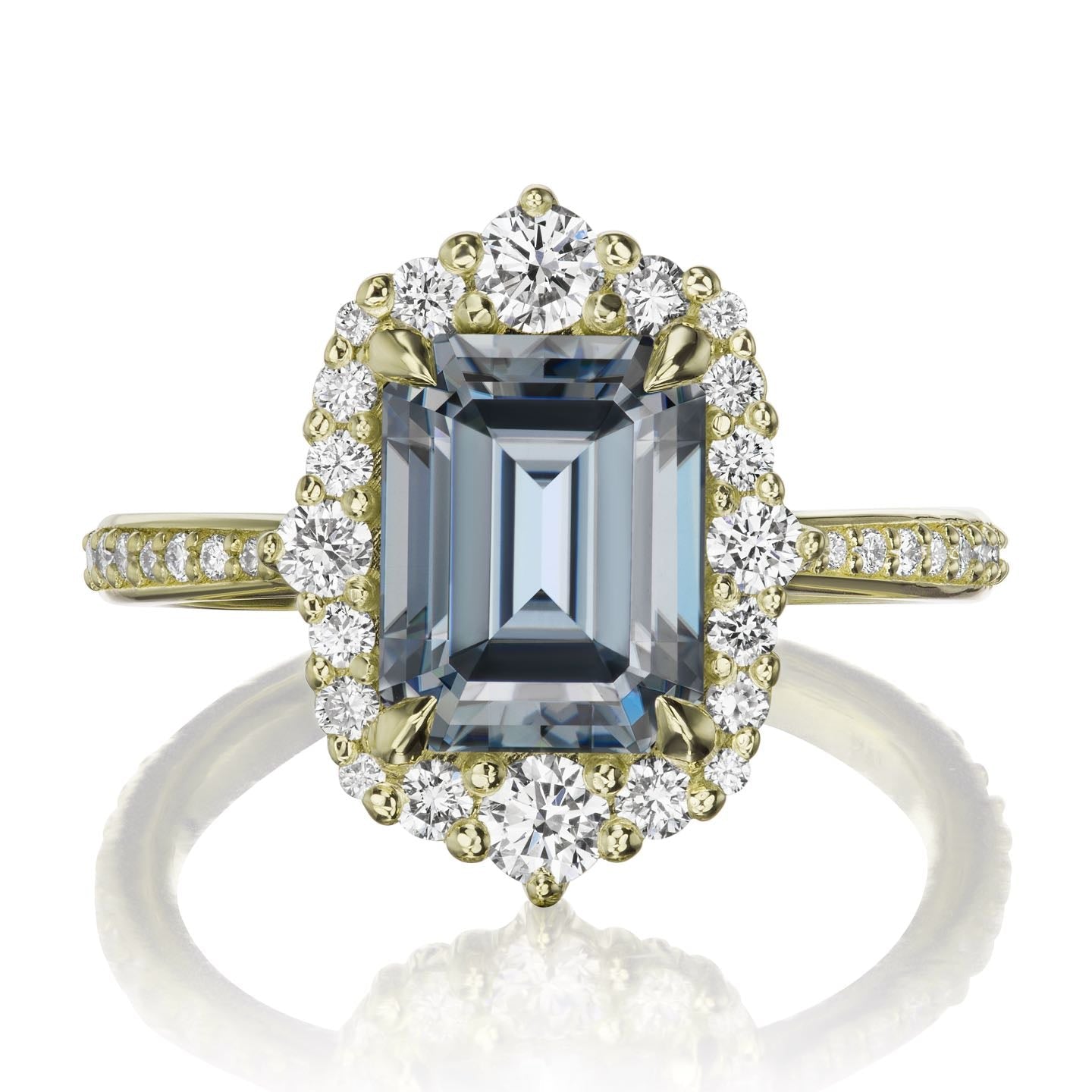 ・ADELINE・Emerald Cut Iconic™ Grey Moissanite Center, Diamond Halo (2.98ctw+)