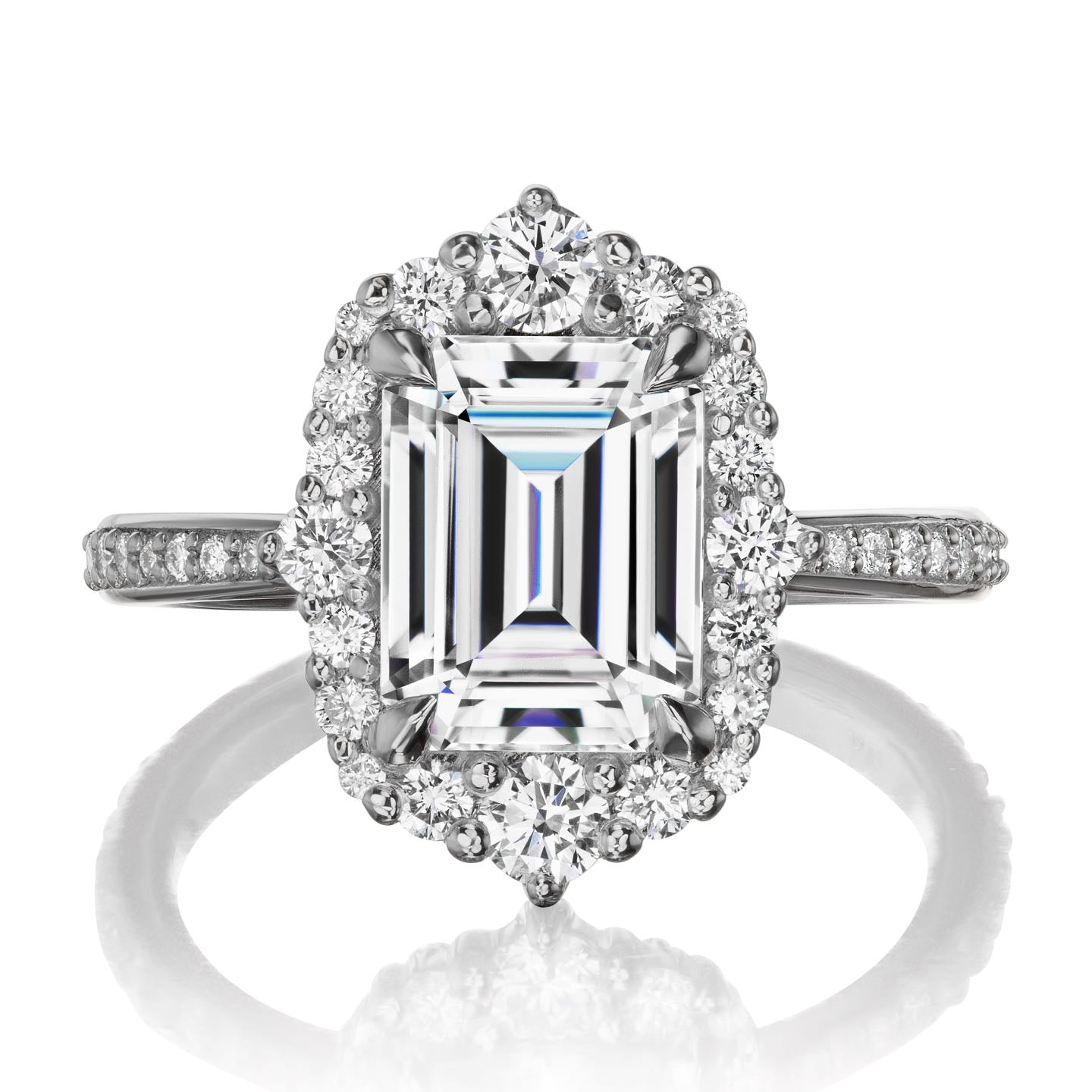 ・ADELINE・Emerald Cut Moissanite Center, Diamond Halo (2.98ctw+)