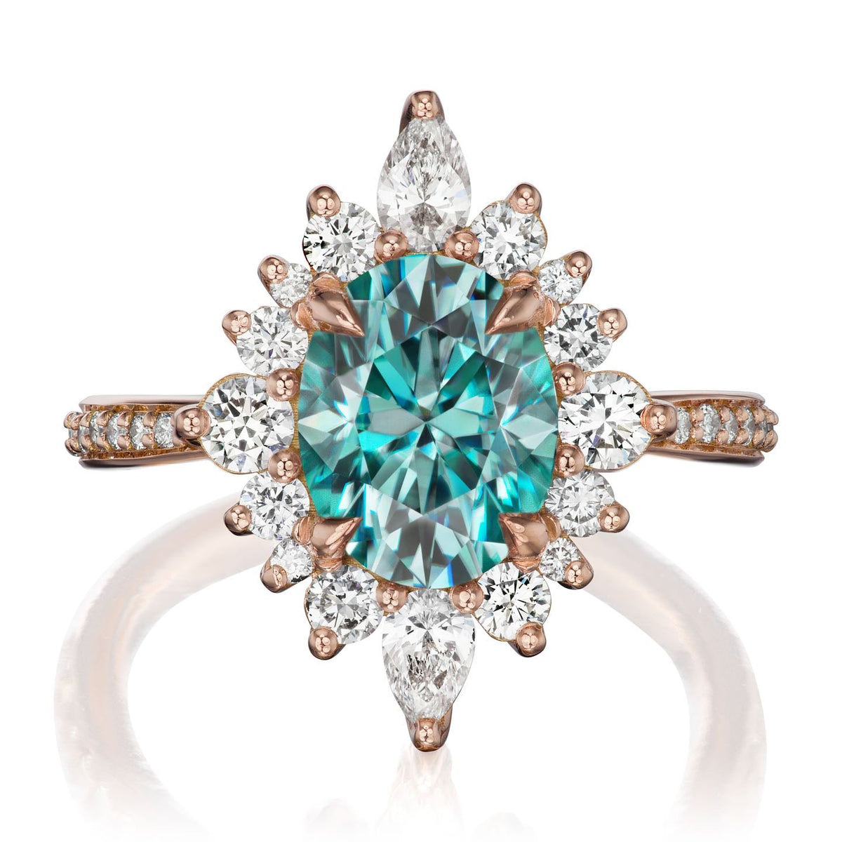 ・ANIKA・Oval Aqua-Teal Iconic™ Moissanite Center, Diamond Halo (2.75ctw+)