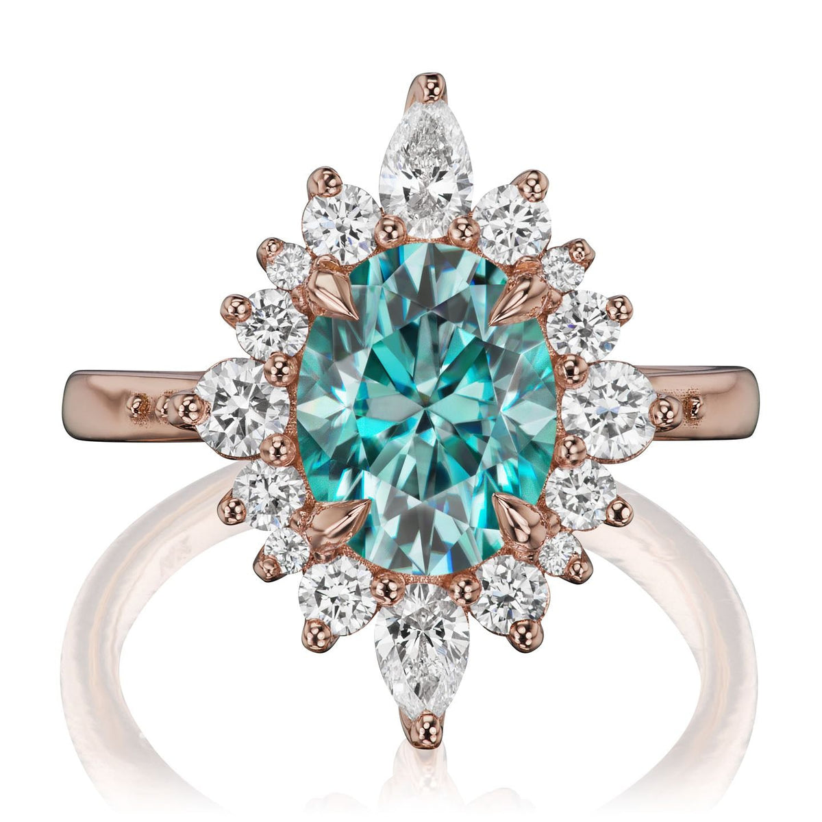 ・ANIKA・Oval Aqua-Teal Iconic™ Moissanite Center, Diamond Halo (2.75ctw+)