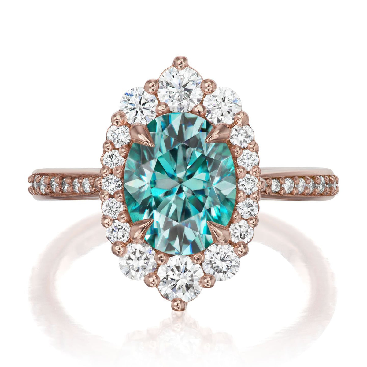 ・SOFIA・Oval Aqua-Teal Iconic™ Moissanite Center, Diamond Halo (2.65ctw+)