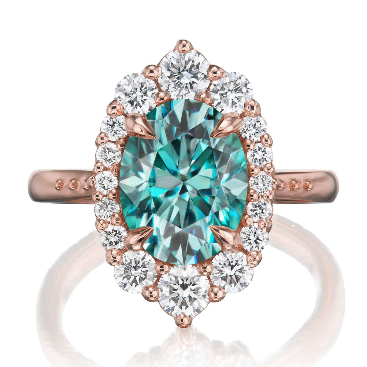 ・SOFIA・Oval Aqua-Teal Iconic™ Moissanite Center, Diamond Halo (2.65ctw+)