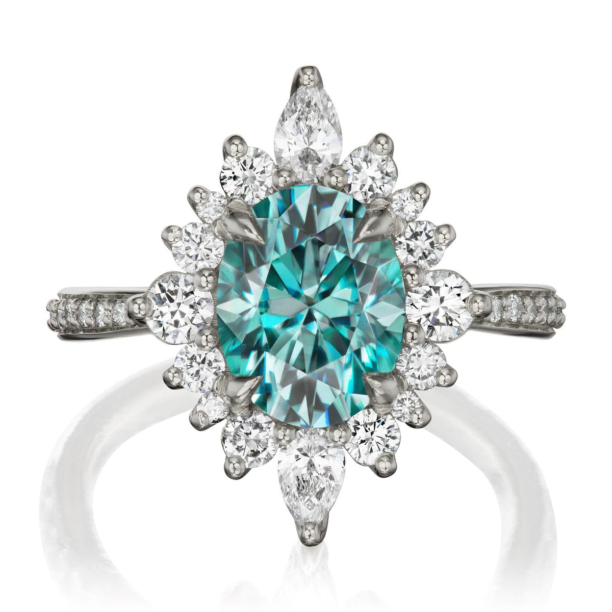 ・ANIKA・Oval Aqua-Teal Iconic™ Moissanite Center, Diamond Halo (2.75ctw+)