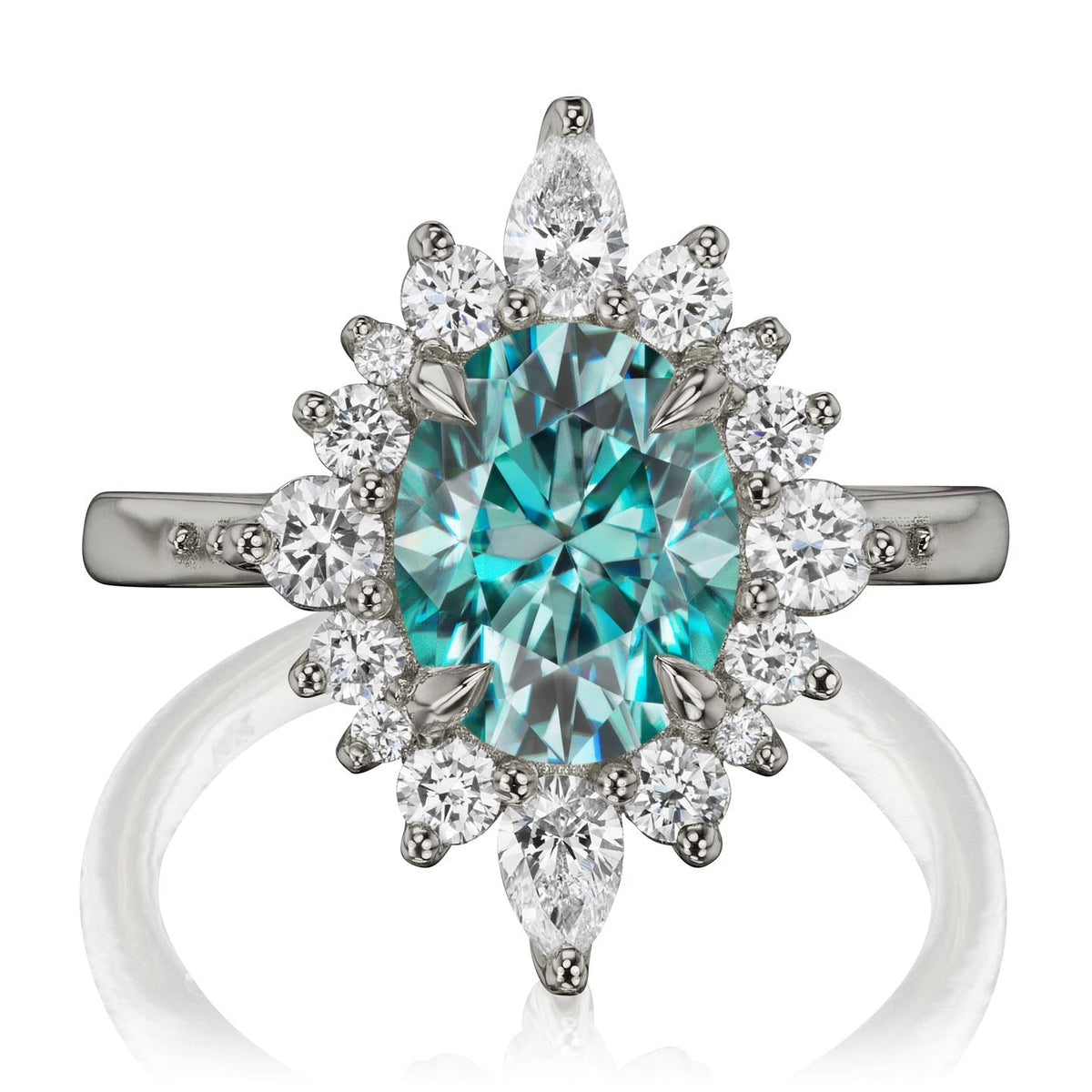 ・ANIKA・Oval Aqua-Teal Iconic™ Moissanite Center, Diamond Halo (2.75ctw+)