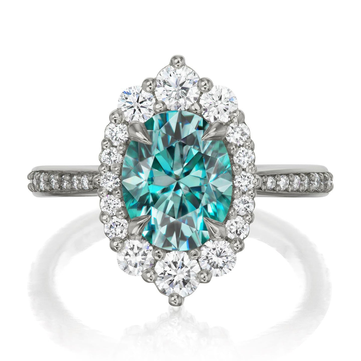 ・SOFIA・Oval Aqua-Teal Iconic™ Moissanite Center, Diamond Halo (2.65ctw+)