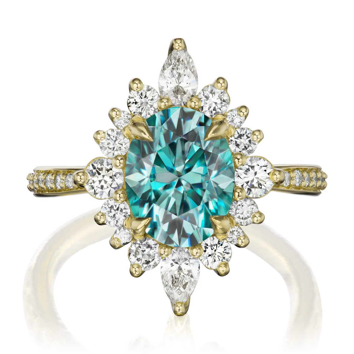 ・ANIKA・Oval Aqua-Teal Iconic™ Moissanite Center, Diamond Halo (2.75ctw+)