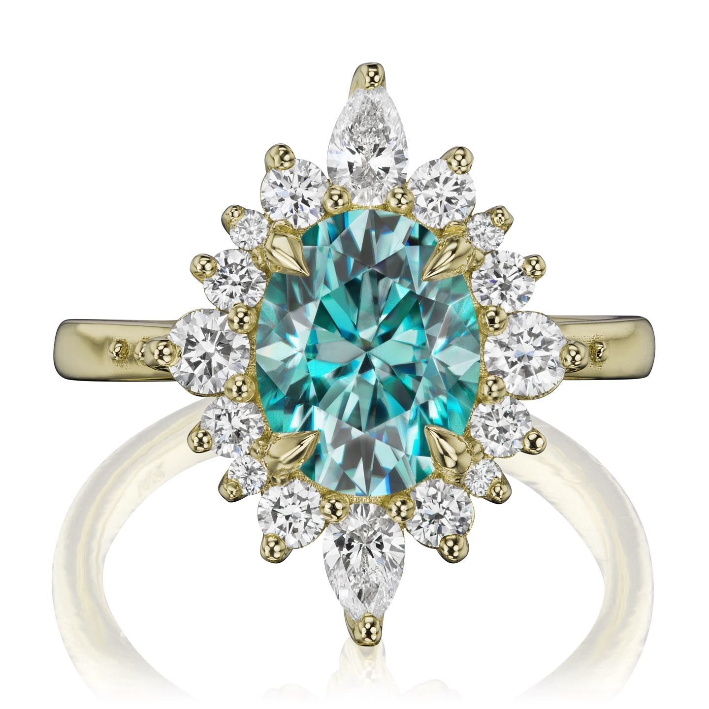・ANIKA・Oval Aqua-Teal Iconic™ Moissanite Center, Diamond Halo (2.75ctw+)