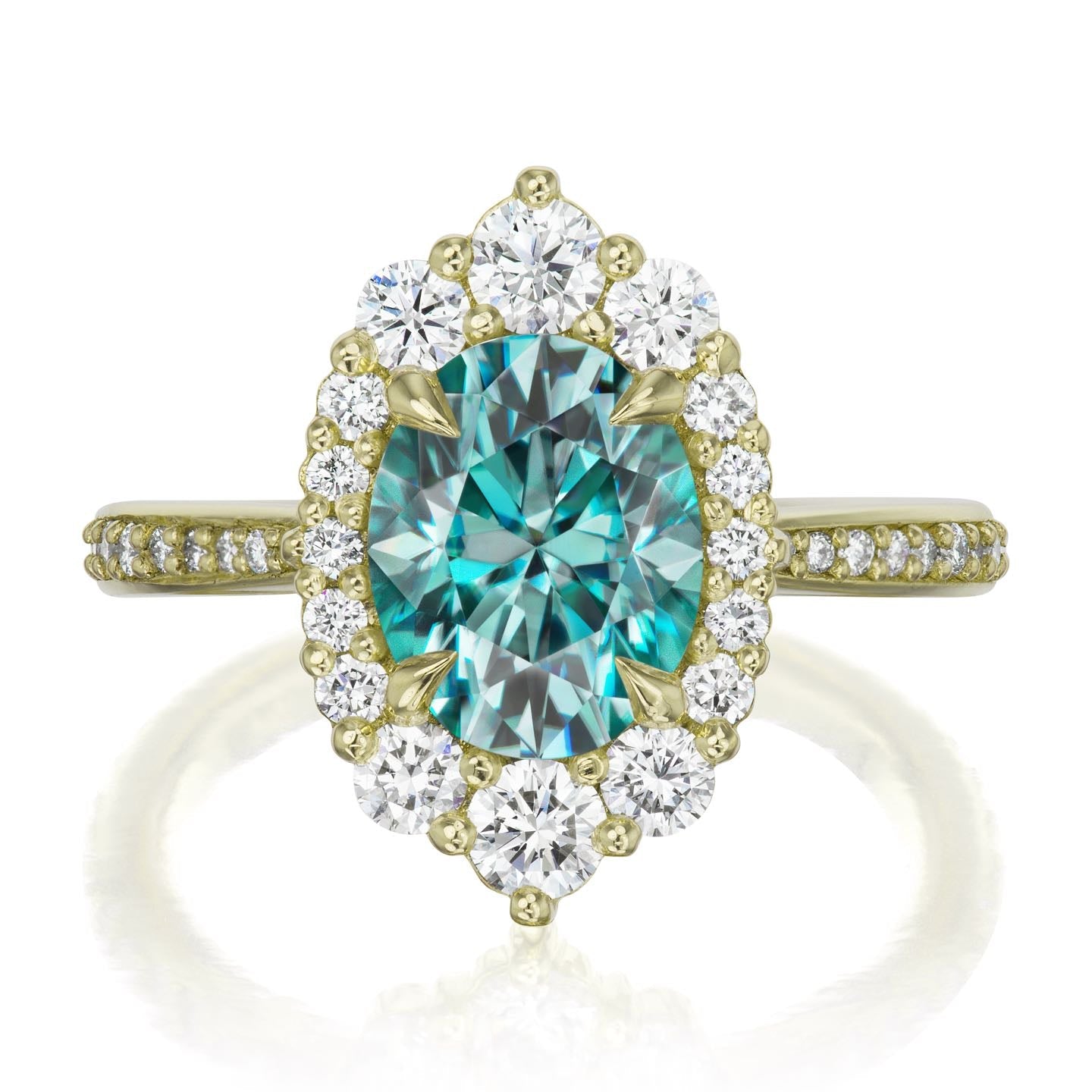 ・SOFIA・Oval Aqua-Teal Iconic™ Moissanite Center, Diamond Halo (2.65ctw+)