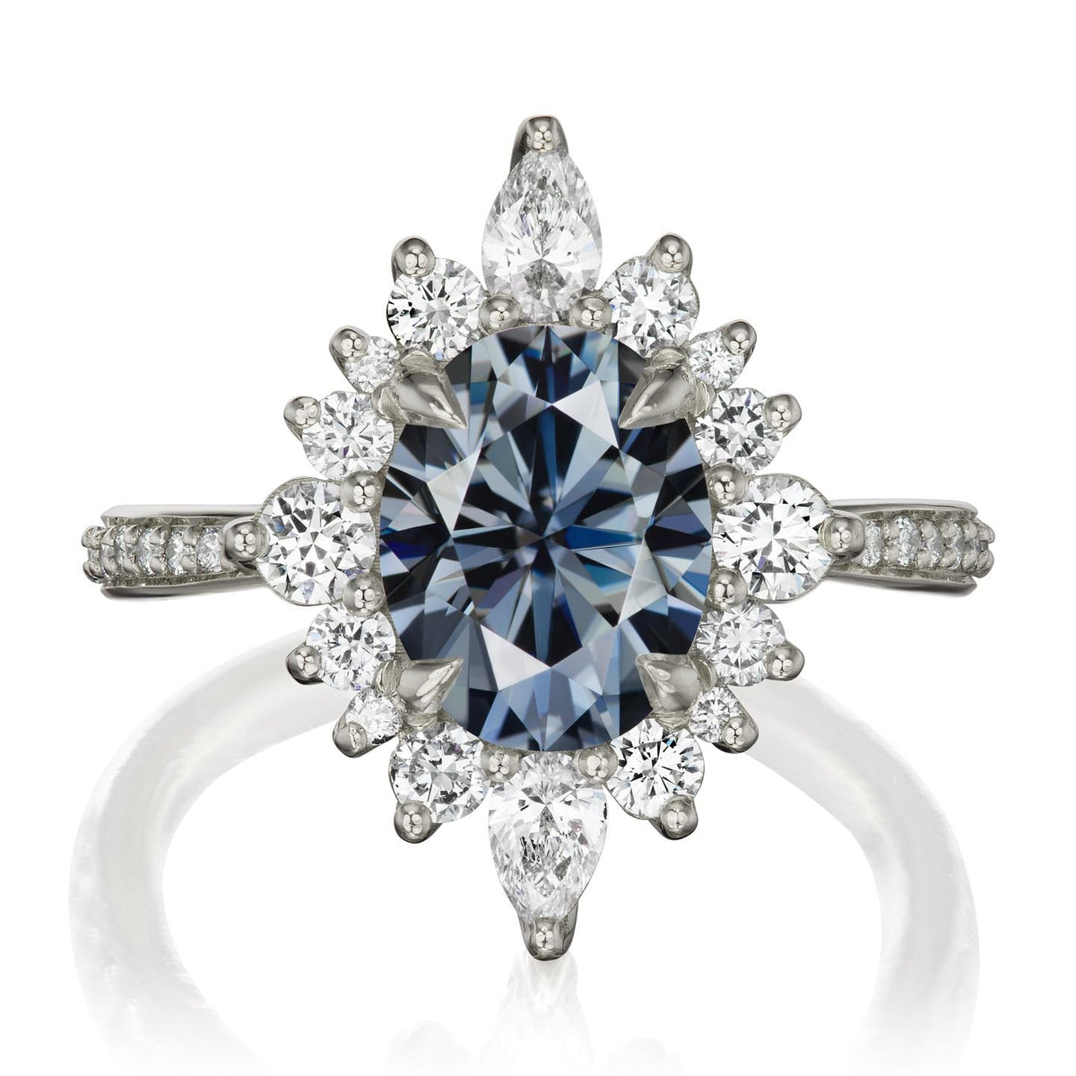 ・ANIKA・Oval Iconic™ Grey Moissanite Center, Diamond Halo (2.75ctw+)