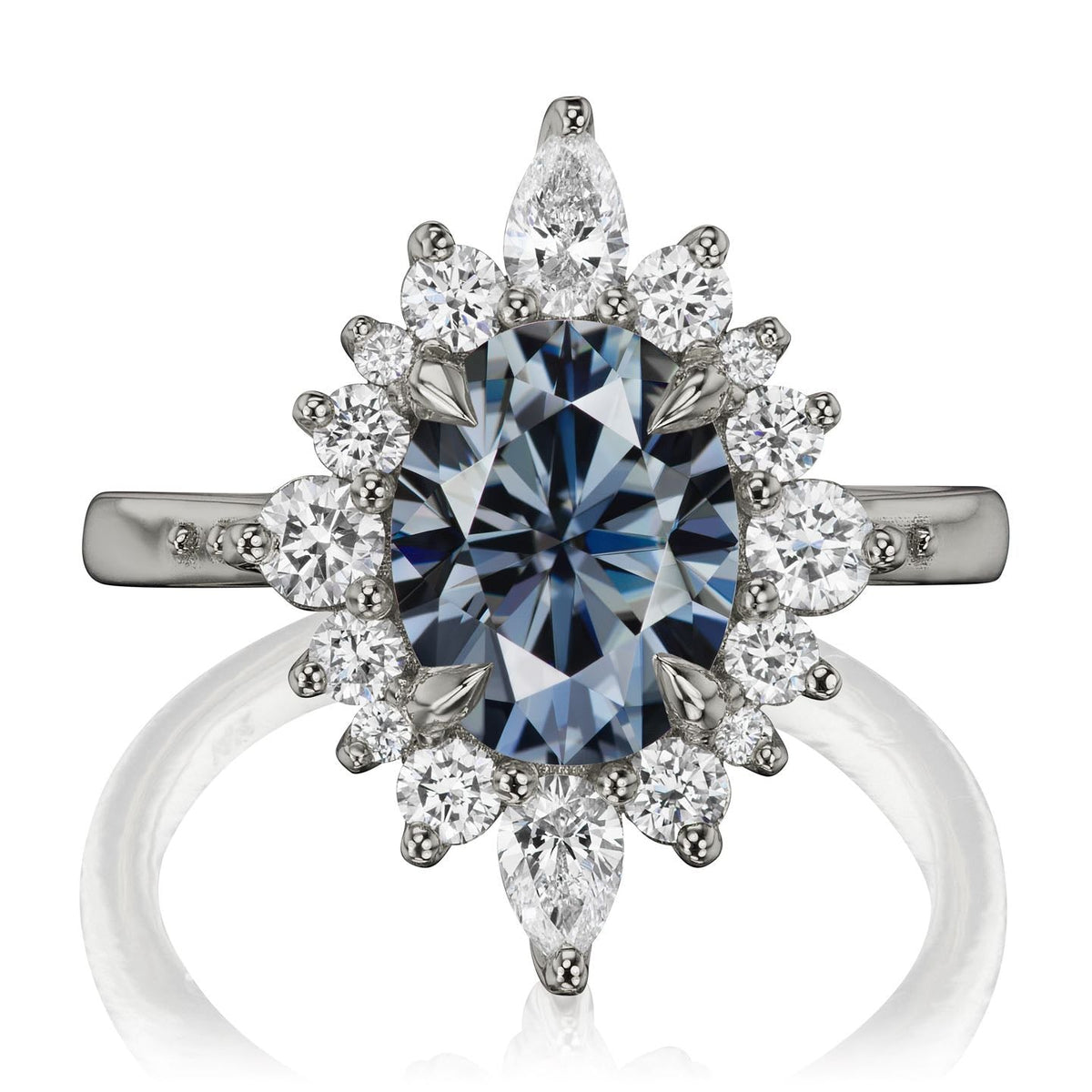・ANIKA・Oval Iconic™ Grey Moissanite Center, Diamond Halo (2.75ctw+)