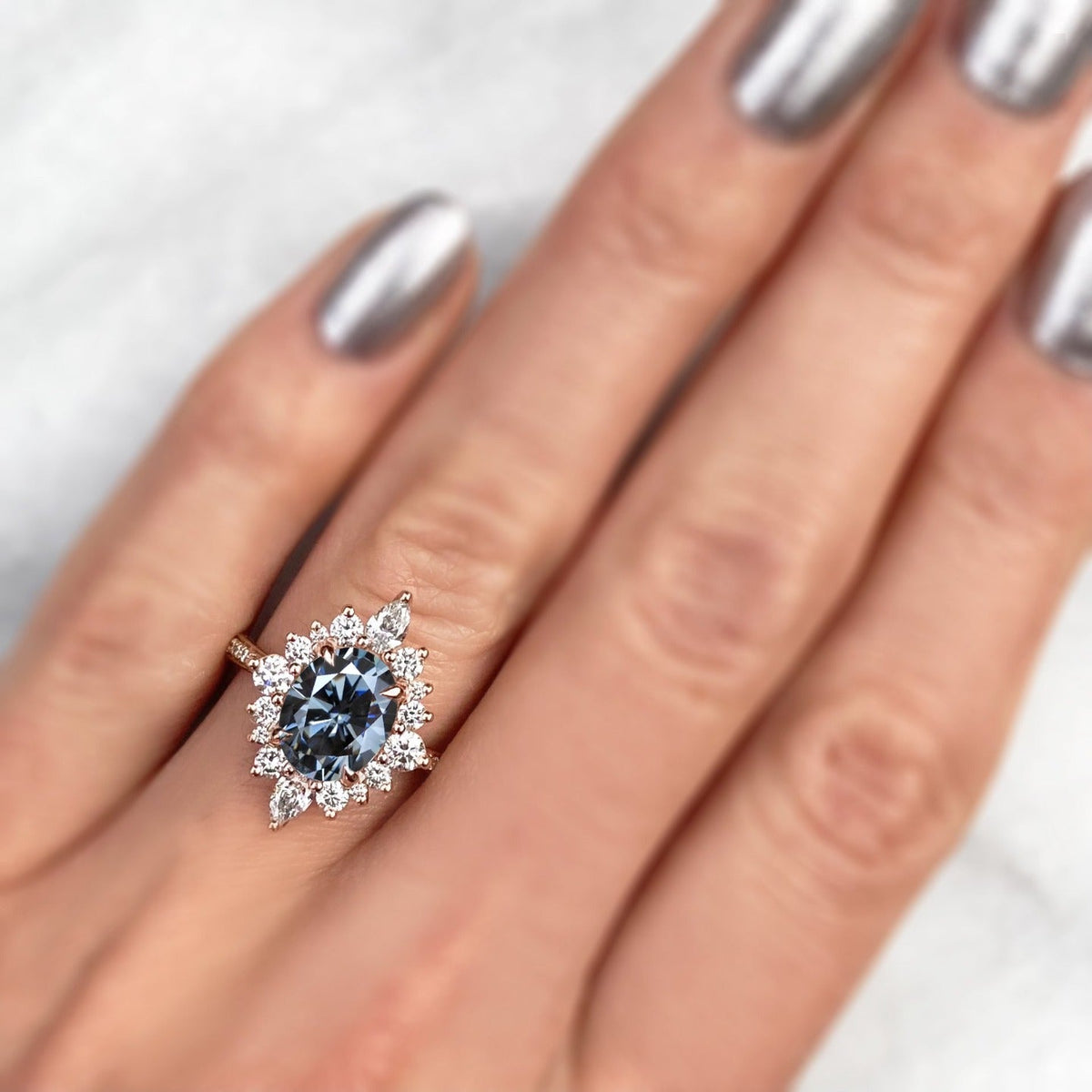 ・ANIKA・Oval Iconic™ Grey Moissanite Center, Diamond Halo (2.75ctw+)