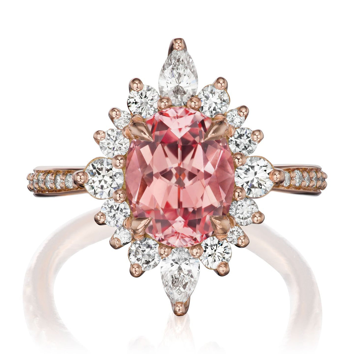 ・ANIKA・Oval Peach Sapphire Center, Diamond Halo (3.35ctw+)