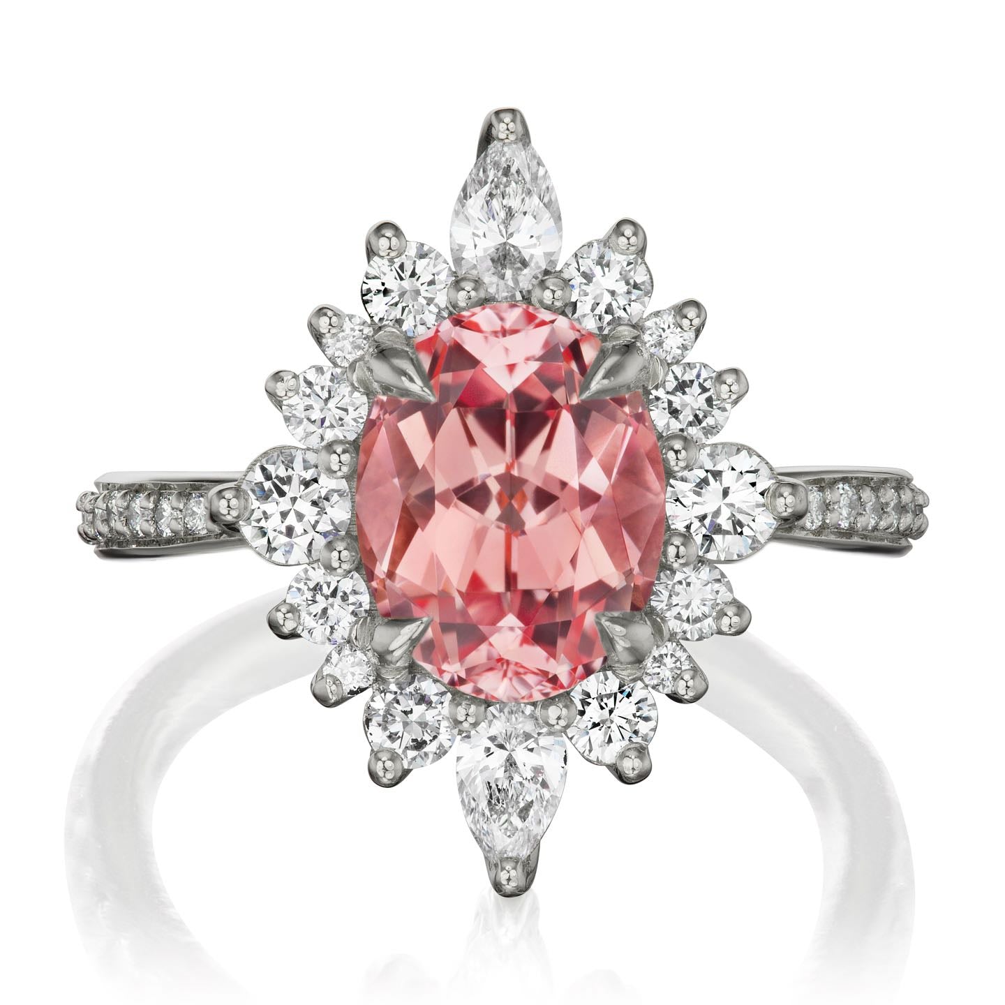 ・ANIKA・Oval Peach Sapphire Center, Diamond Halo (3.35ctw+)