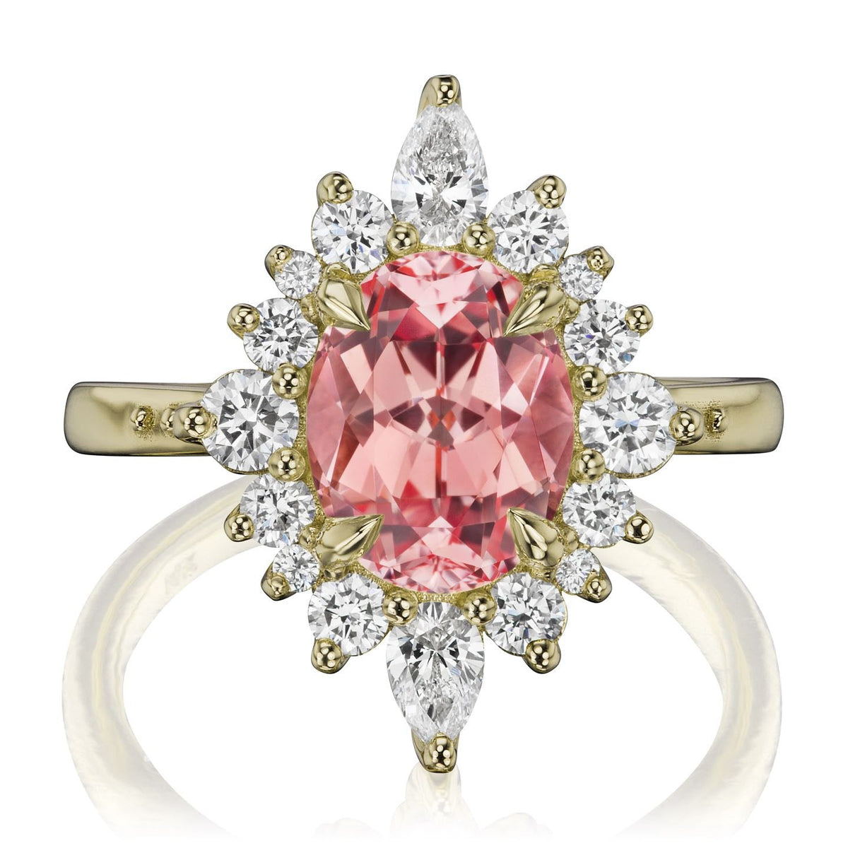 ・ANIKA・Oval Peach Sapphire Center, Diamond Halo (3.35ctw+)