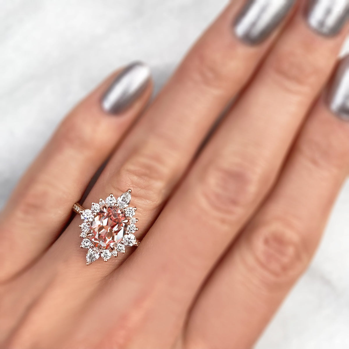 ・ANIKA・Oval Peach Sapphire Center, Diamond Halo (3.35ctw+)