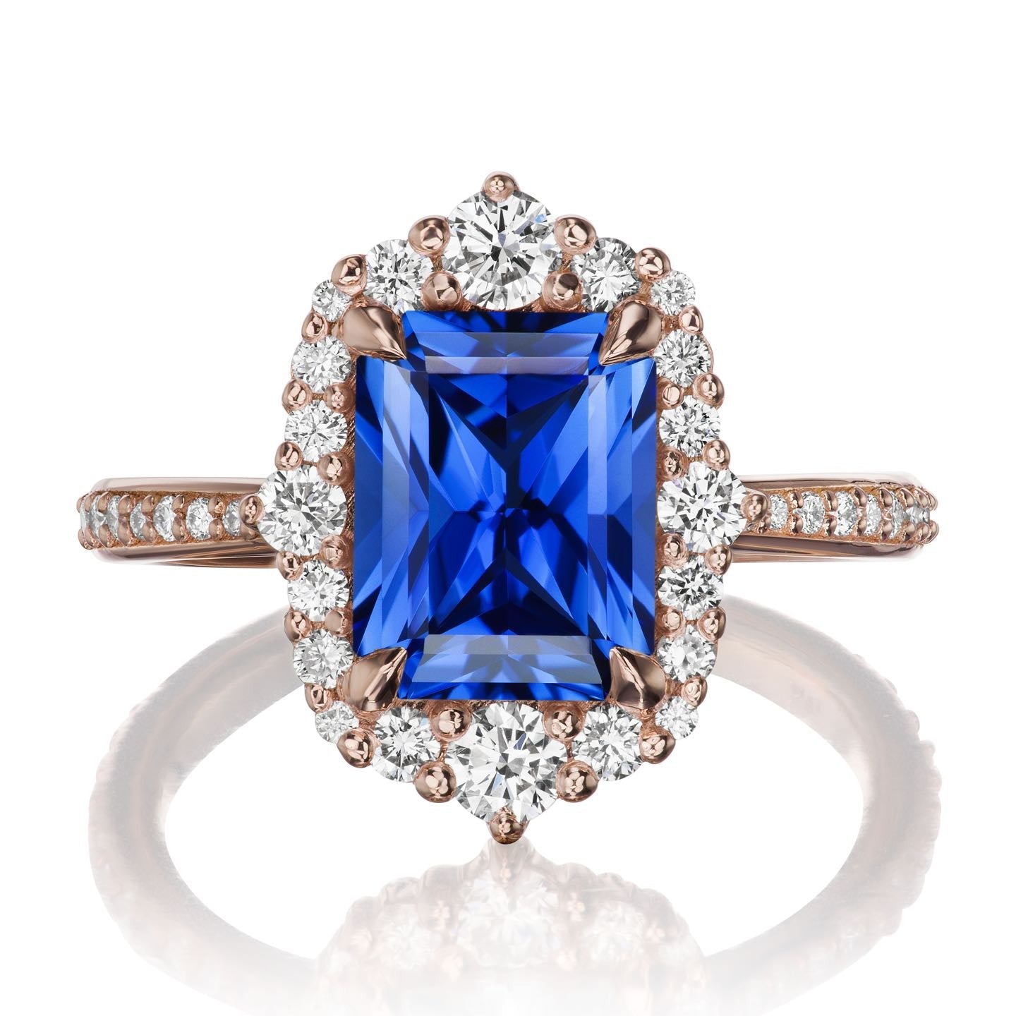 ・ADELINE・Radiant Cut Blue Sapphire Center, Diamond Halo (3.38ctw+)