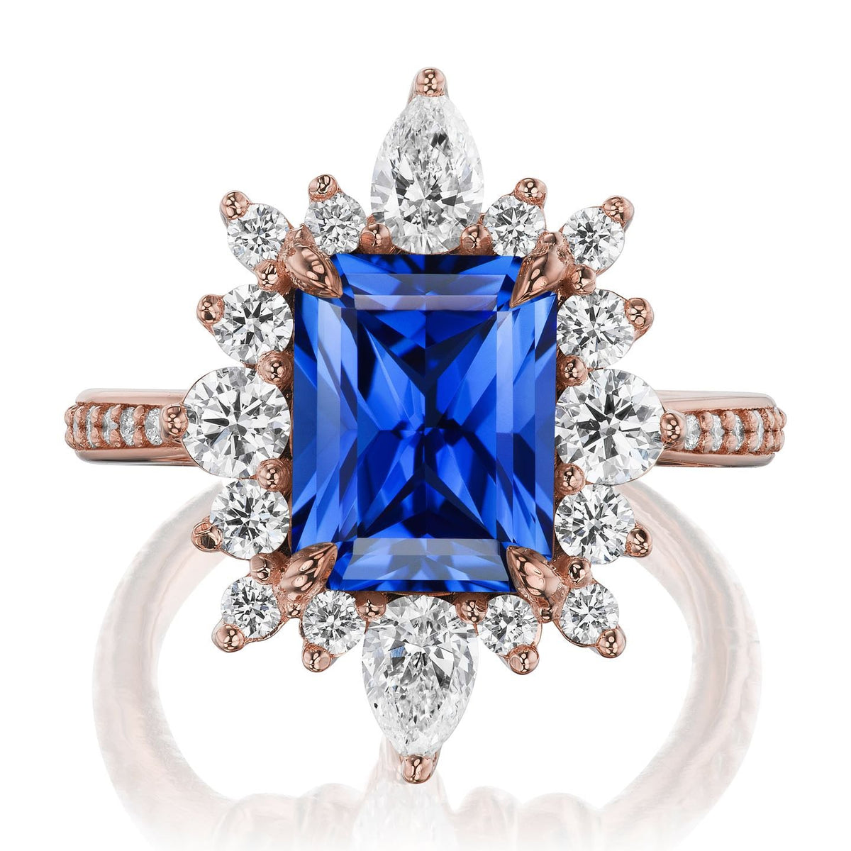 ・TALIA・Radiant Cut Blue Sapphire Center, Diamond Halo (3.75ctw+)