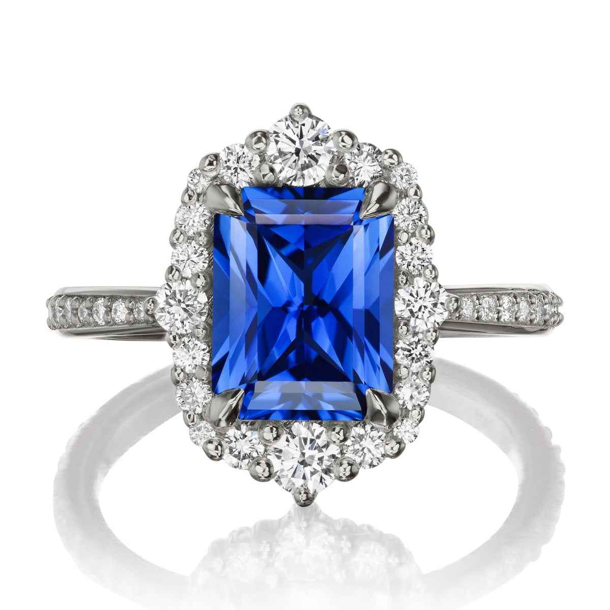 ・ADELINE・Radiant Cut Blue Sapphire Center, Diamond Halo (3.38ctw+)