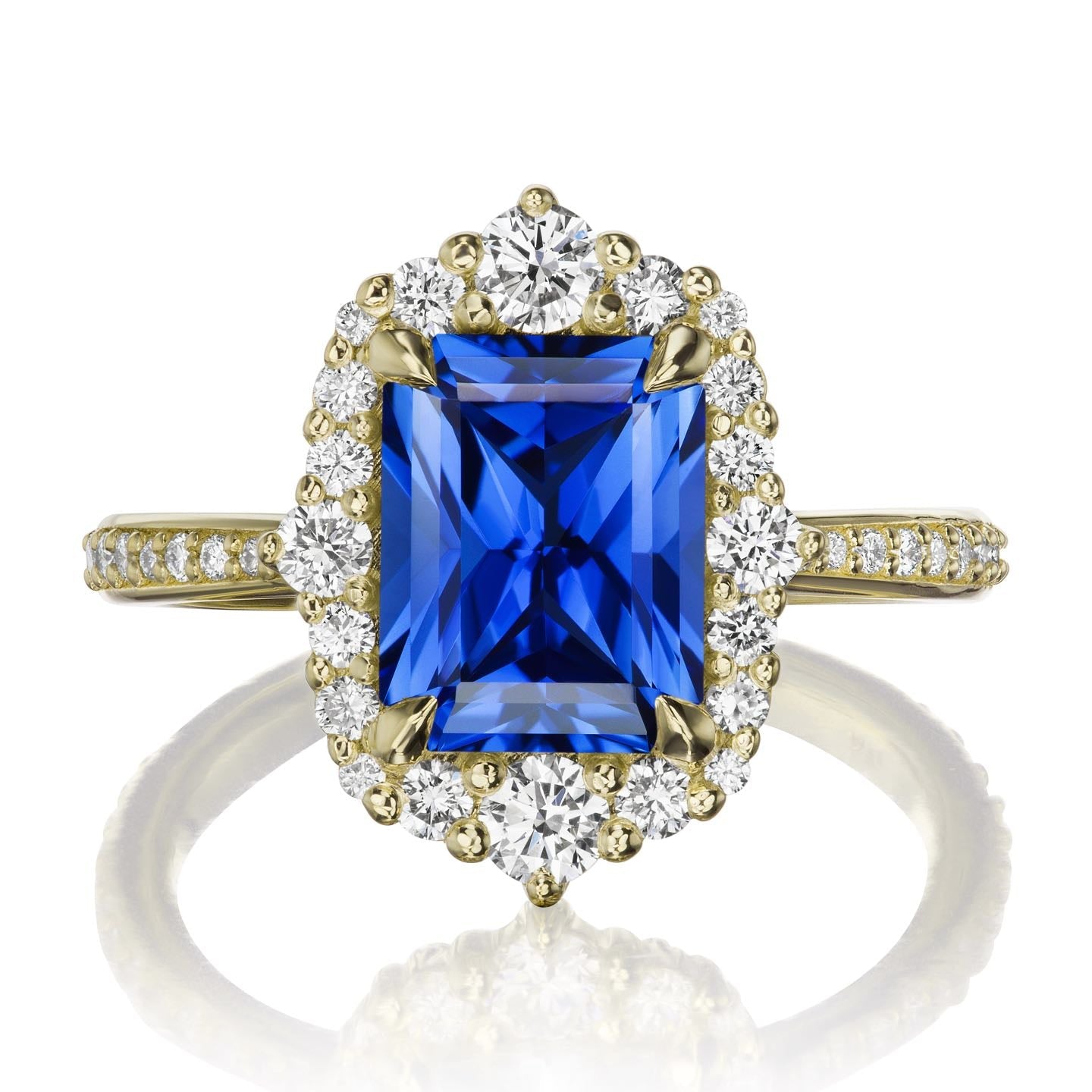 ・ADELINE・Radiant Cut Blue Sapphire Center, Diamond Halo (3.38ctw+)