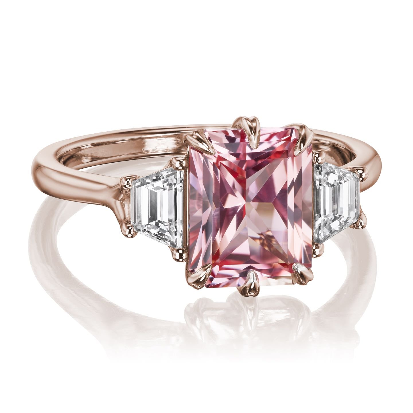 ・CORA・Radiant Peach Sapphire Center, Trapezoid Diamonds (3.40ctw)