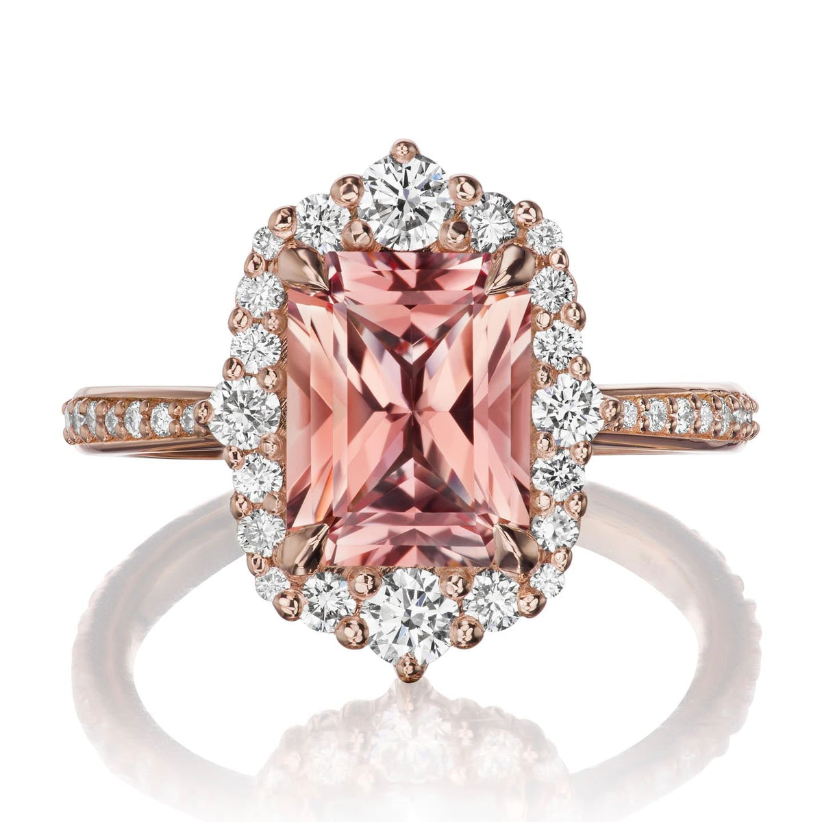 ・ADELINE・Radiant Peach Sapphire Center, Diamond Halo (3.38ctw+)