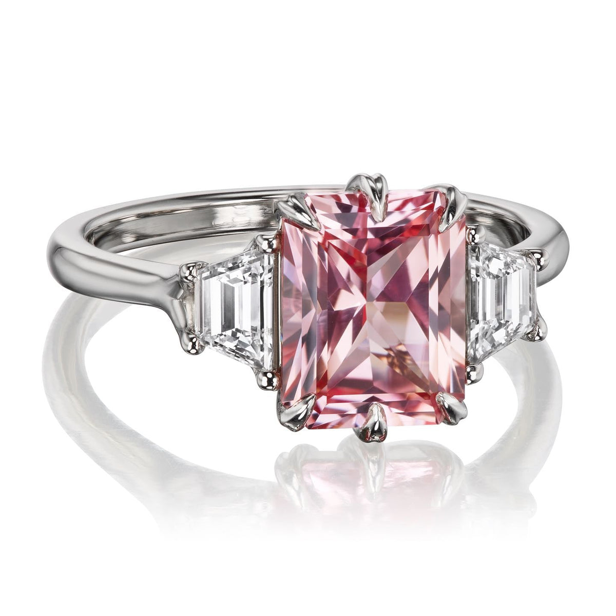 ・CORA・Radiant Peach Sapphire Center, Trapezoid Diamonds (3.40ctw)