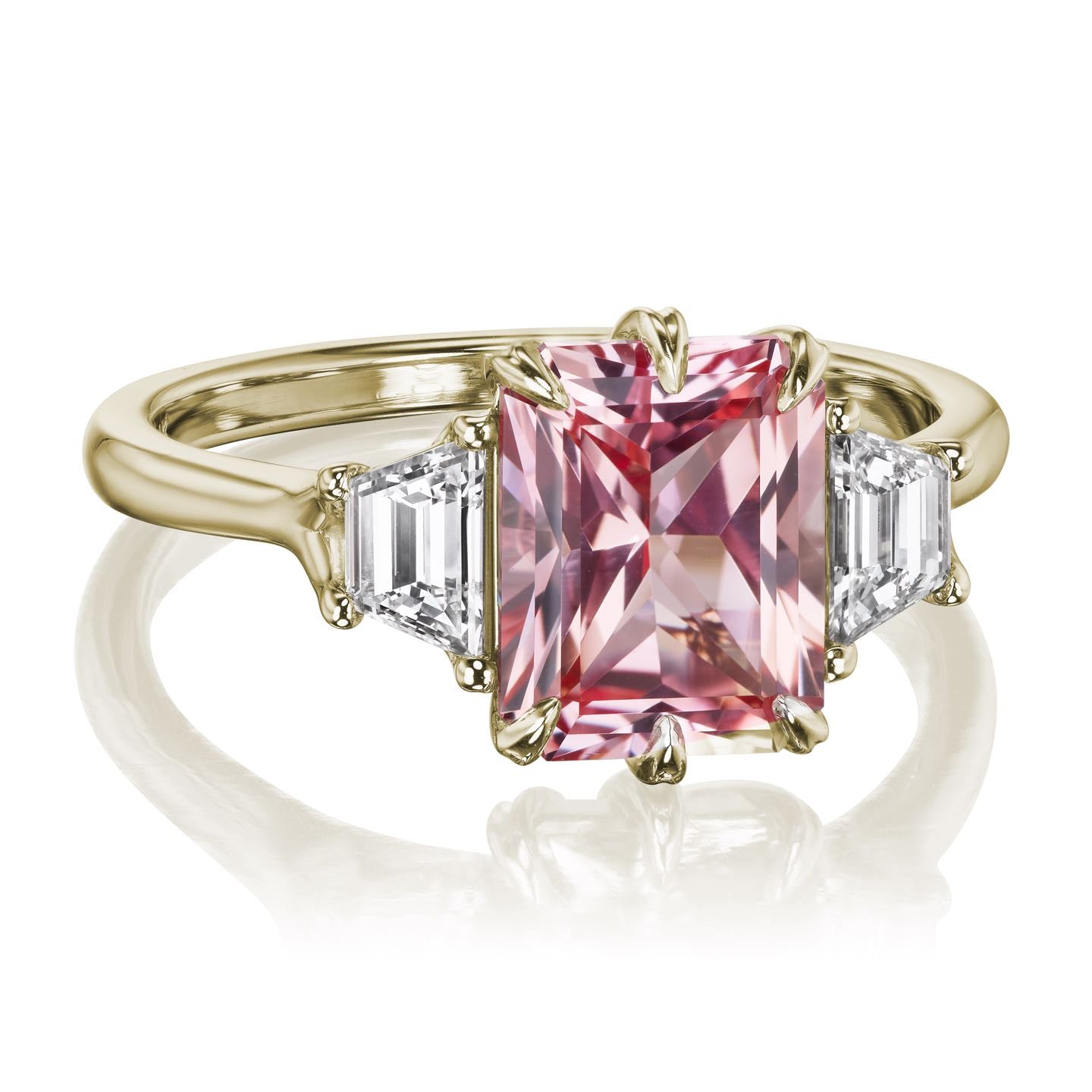 ・CORA・Radiant Peach Sapphire Center, Trapezoid Diamonds (3.40ctw)