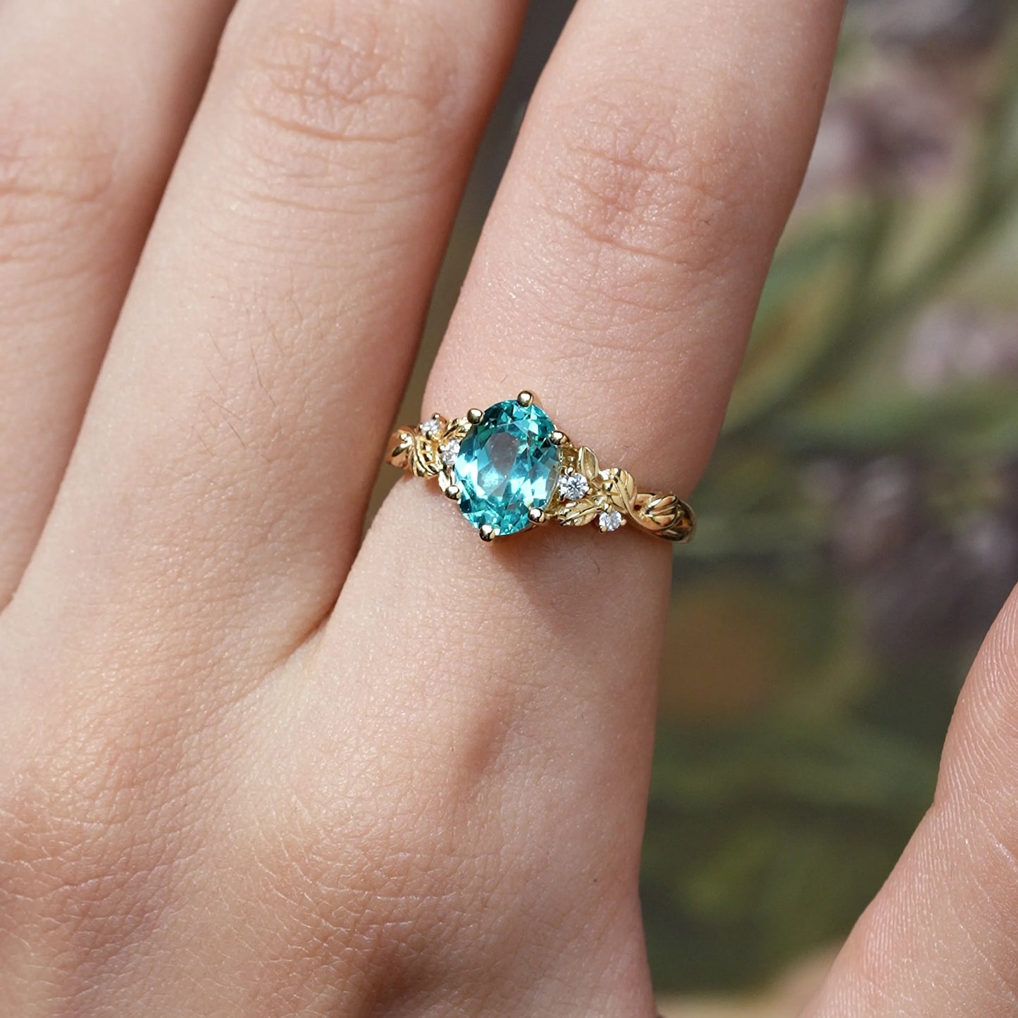 Oval Cut Paraiba Leaf Engagement Ring - Cora | GemsMagic