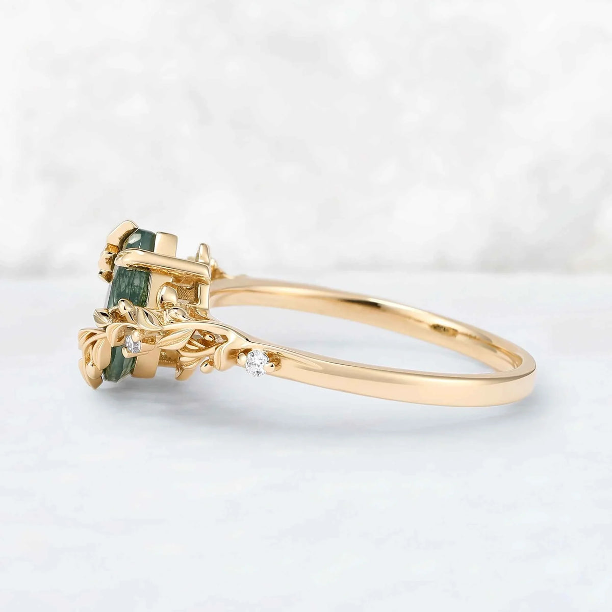 Celestial Nature Moonlit Olive Leaf Moss Agate Engagaement Ring