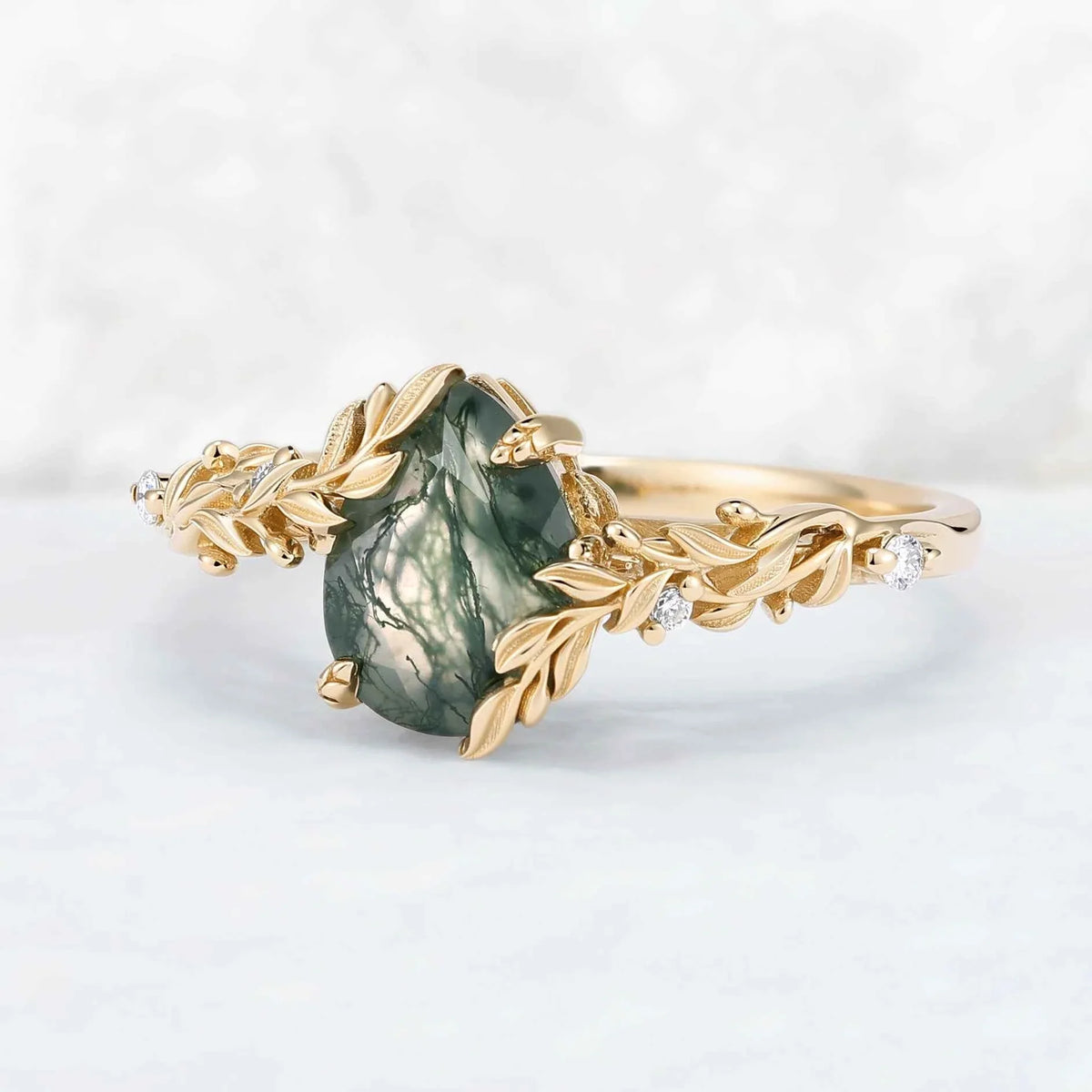 Celestial Nature Moonlit Olive Leaf Moss Agate Engagaement Ring