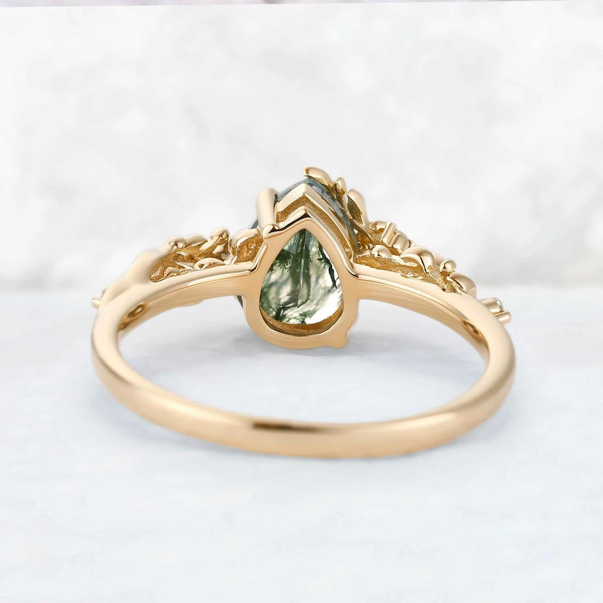 Celestial Nature Moonlit Olive Leaf Moss Agate Engagaement Ring