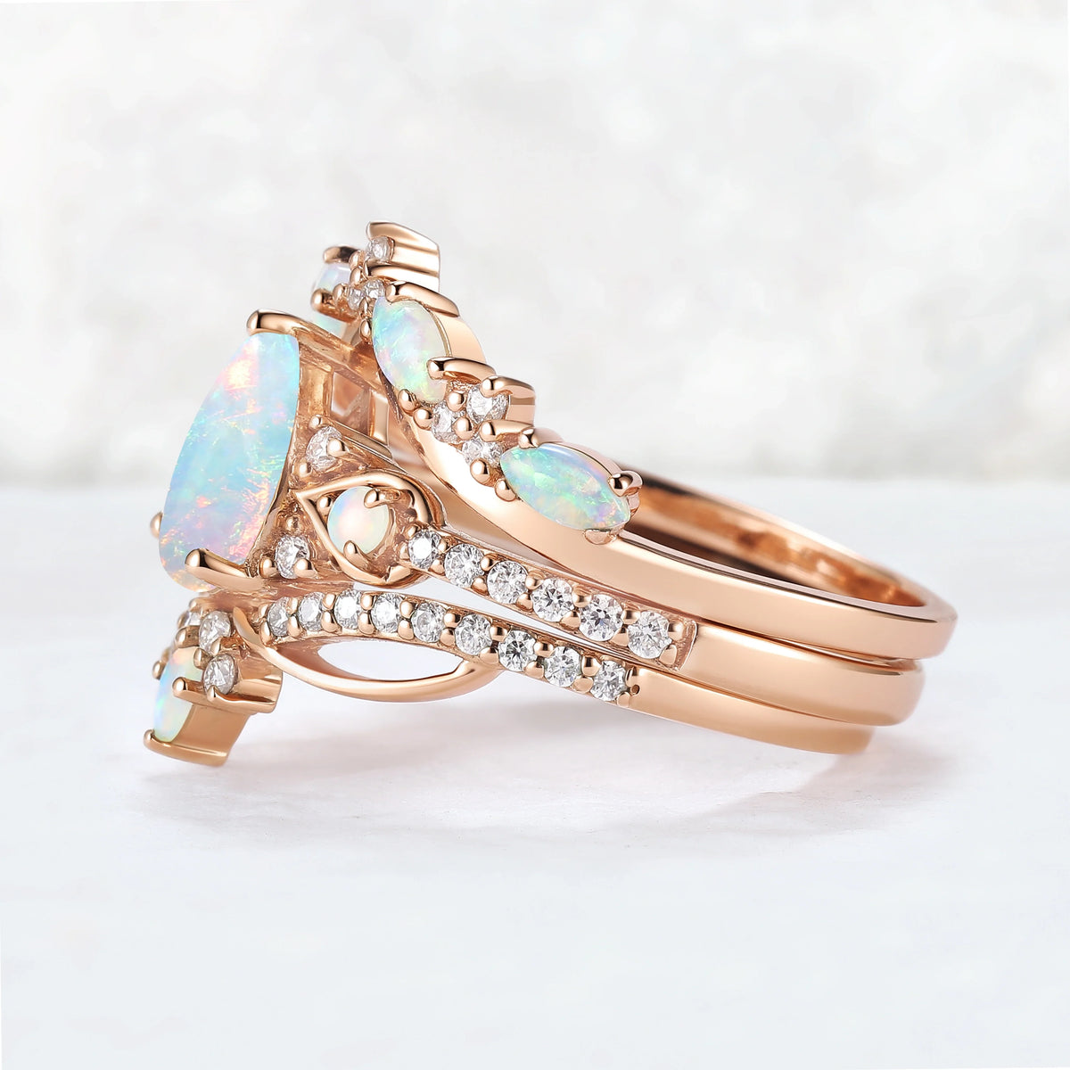 Nature Inspired Pear Shaped Natural Opal Gemstone Ring Set 3pcs