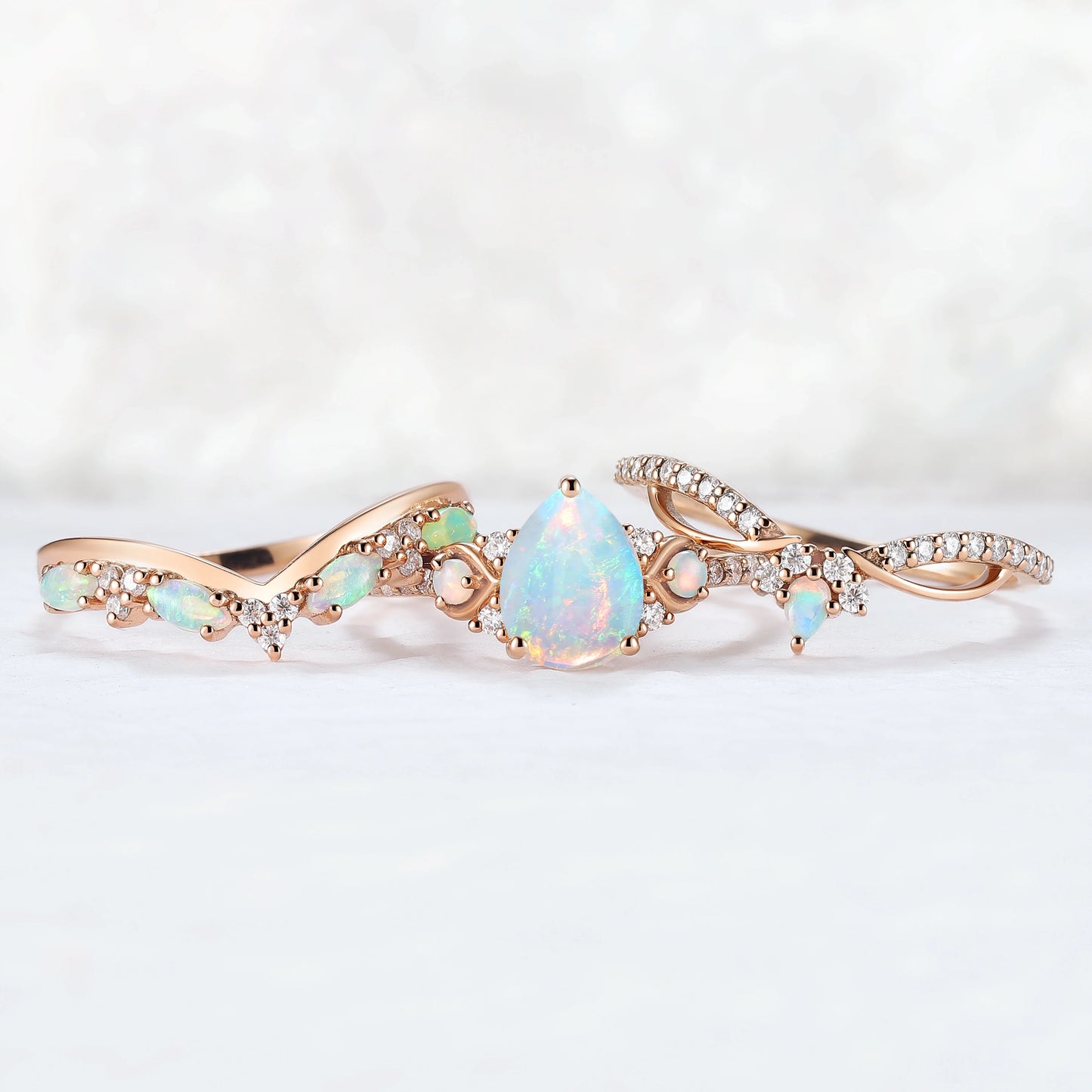 Nature Inspired Pear Shaped Natural Opal Gemstone Ring Set 3pcs
