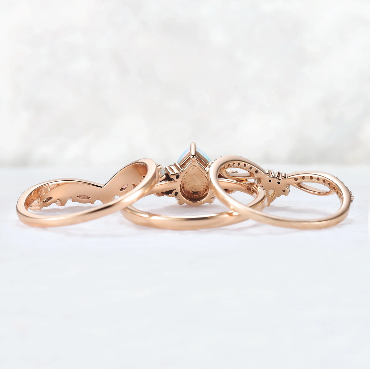 Nature Inspired Pear Shaped Natural Opal Gemstone Ring Set 3pcs
